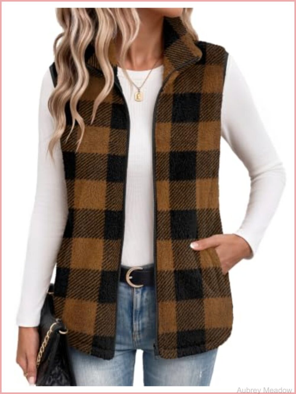 Sherpa Fleece Vest Zip Up Sleeveless Plaid Fall Layer